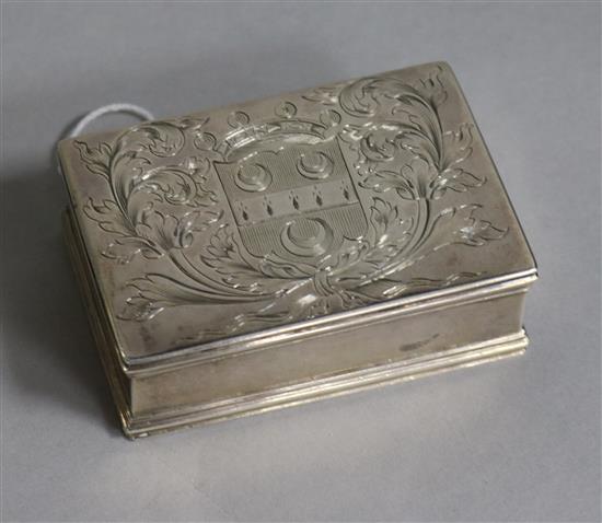 A 19th century Continental silver snuff box, with engraved armorial, makers mark only H.S